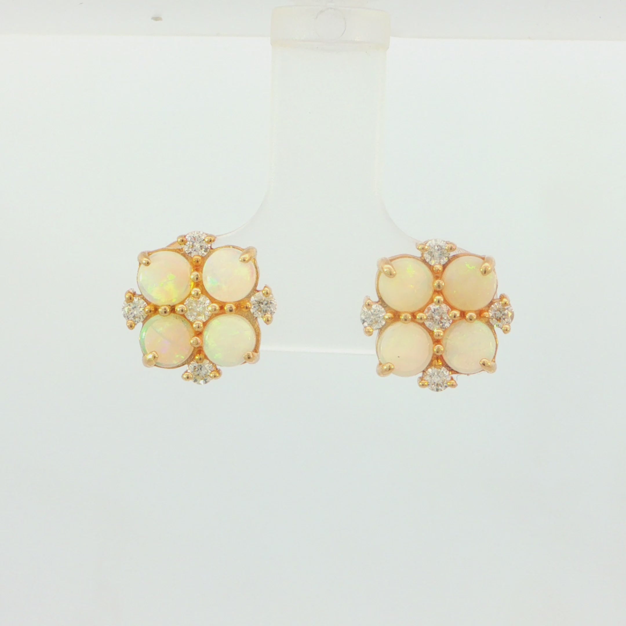Australian Light Opal Earrings set in 14K Yellow Gold with Diamonds - Multicolour