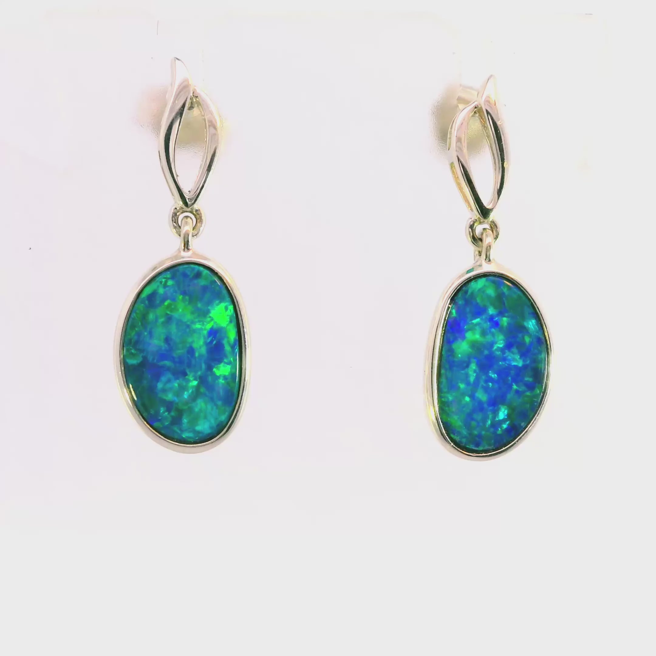 Silver Dangle Earrings with Oval Cabochon Bluish-Green Opal