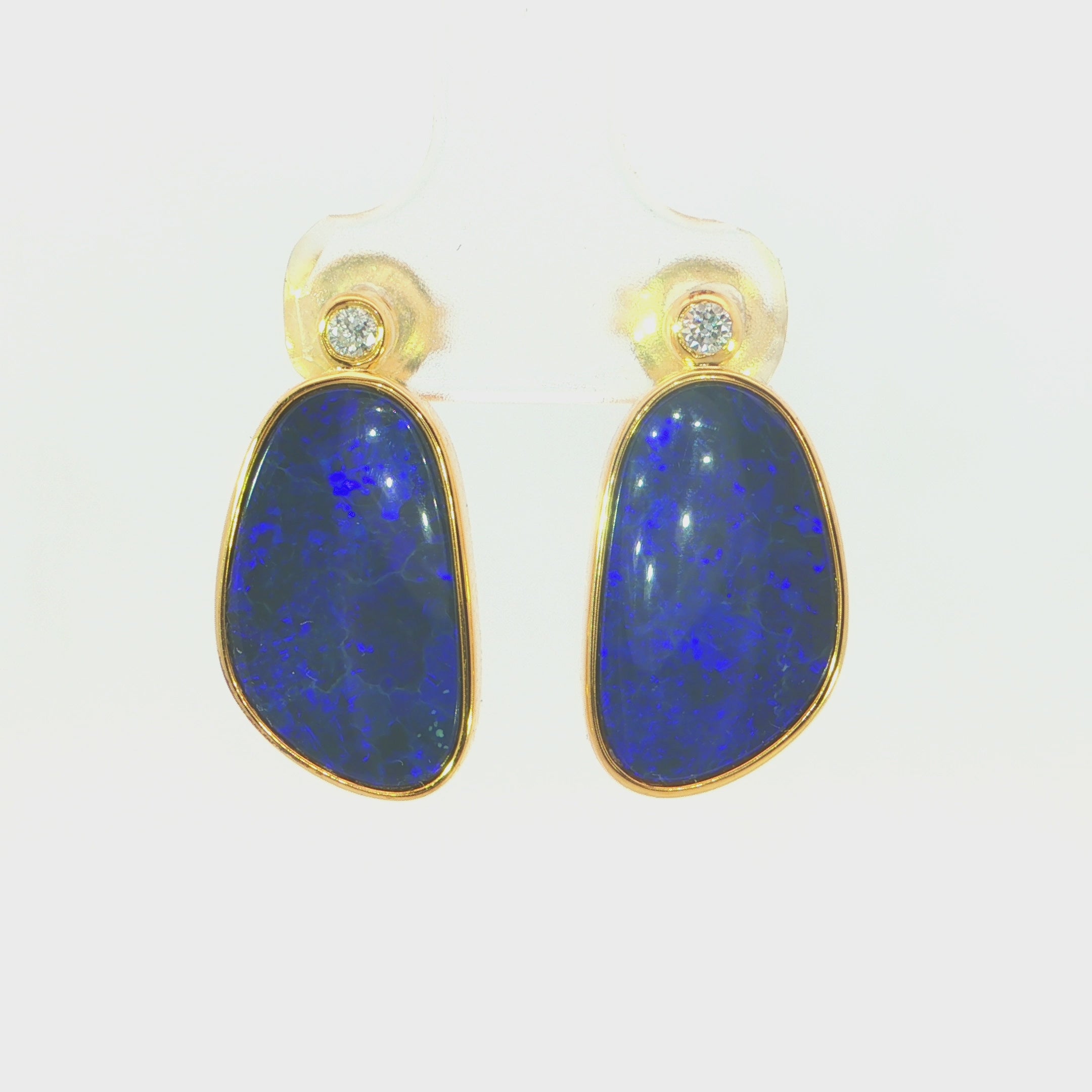 Australian Doublet Opal Earrings 14x9mm Deep Blue Gold Plated with Cubic Zirconia