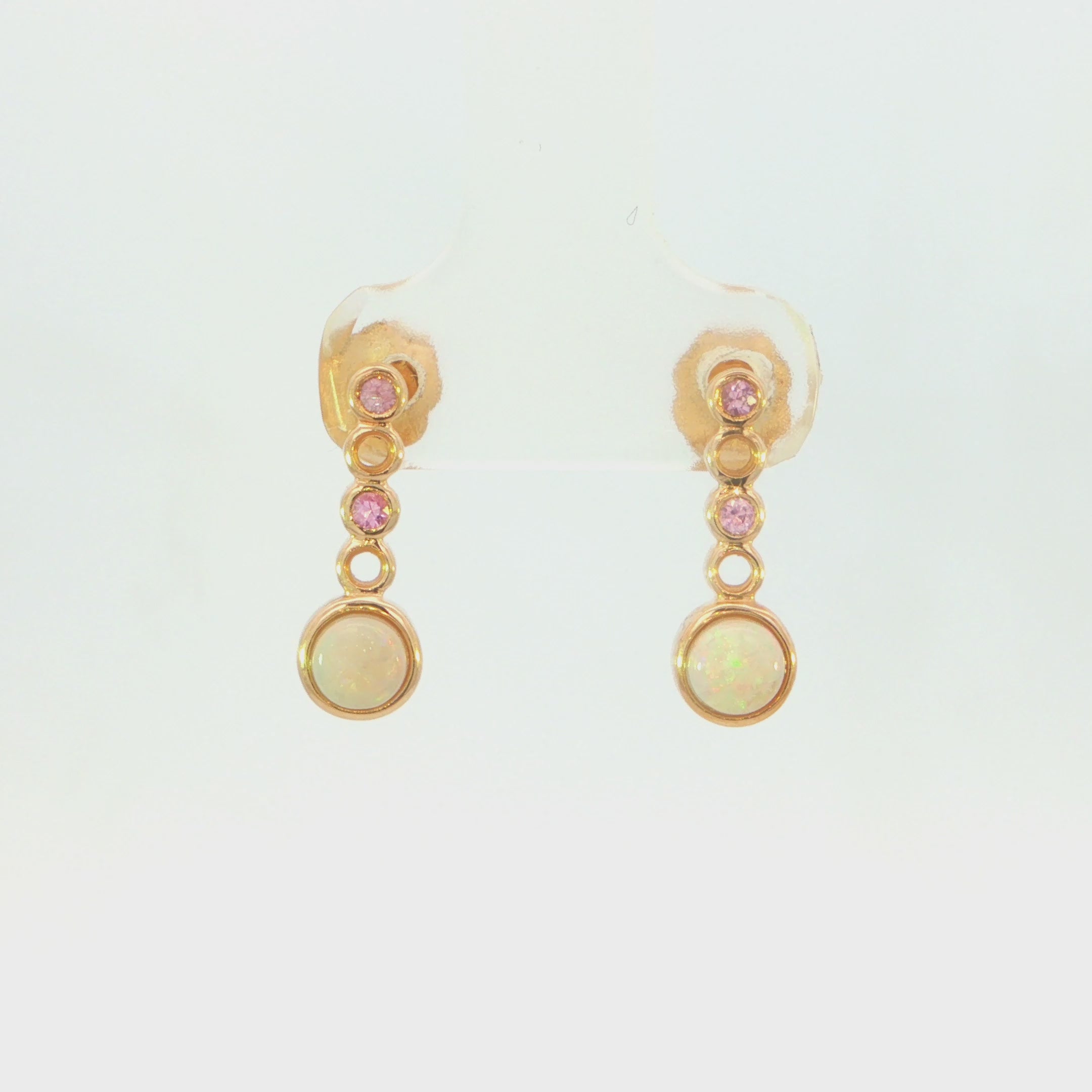 Australian Light Opal Earrings in 14K Yellow Gold with Pink Sapphire - Multicolour