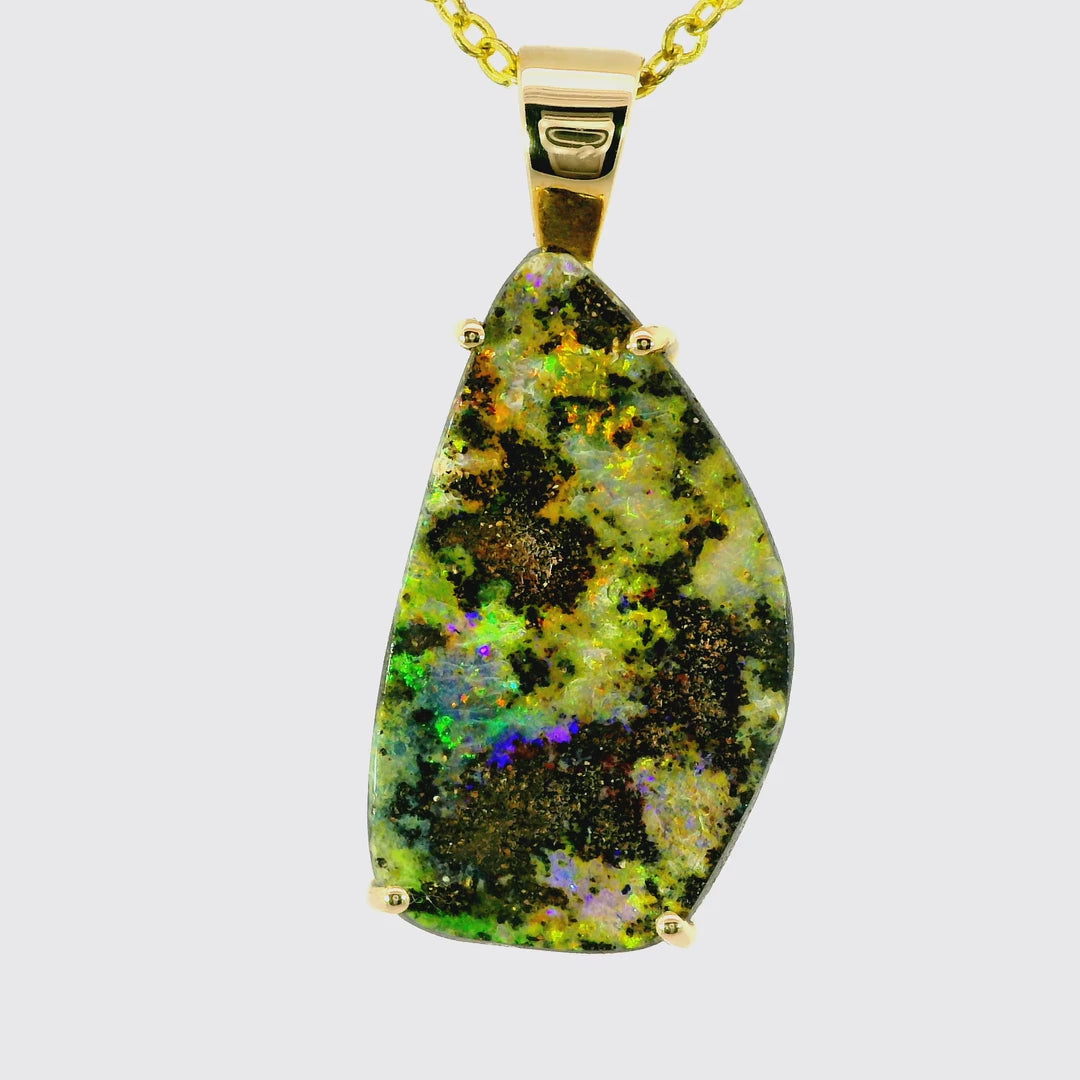 Boulder Opal Pendant in 14K Yellow Gold - Multicolour