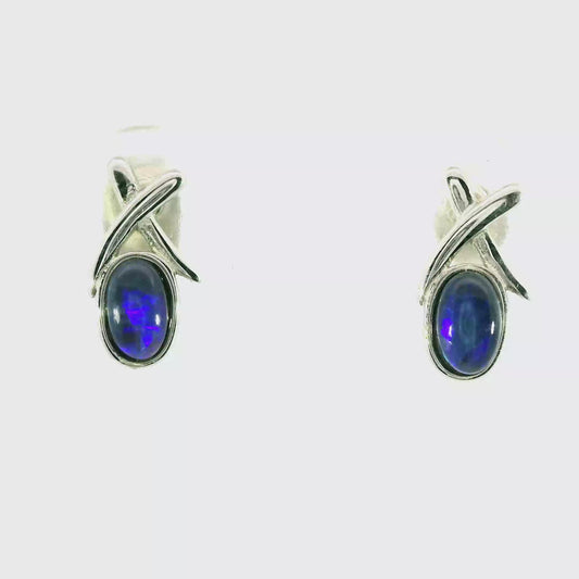 Black Opal Earrings in 925 Sterling Silver - Green-Blue