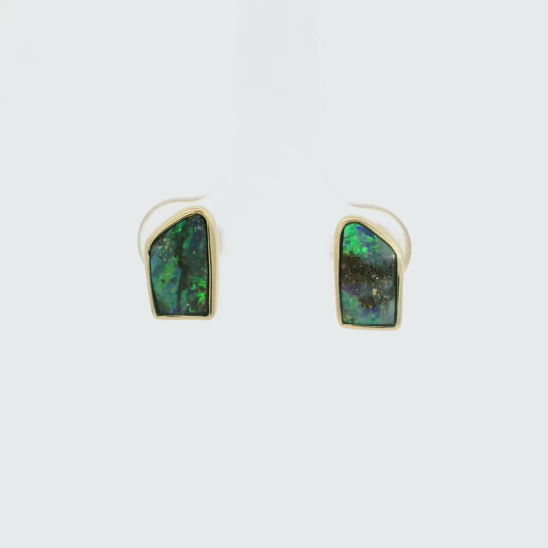 Boulder Opal Earrings in 14K Yellow Gold - Green-Blue