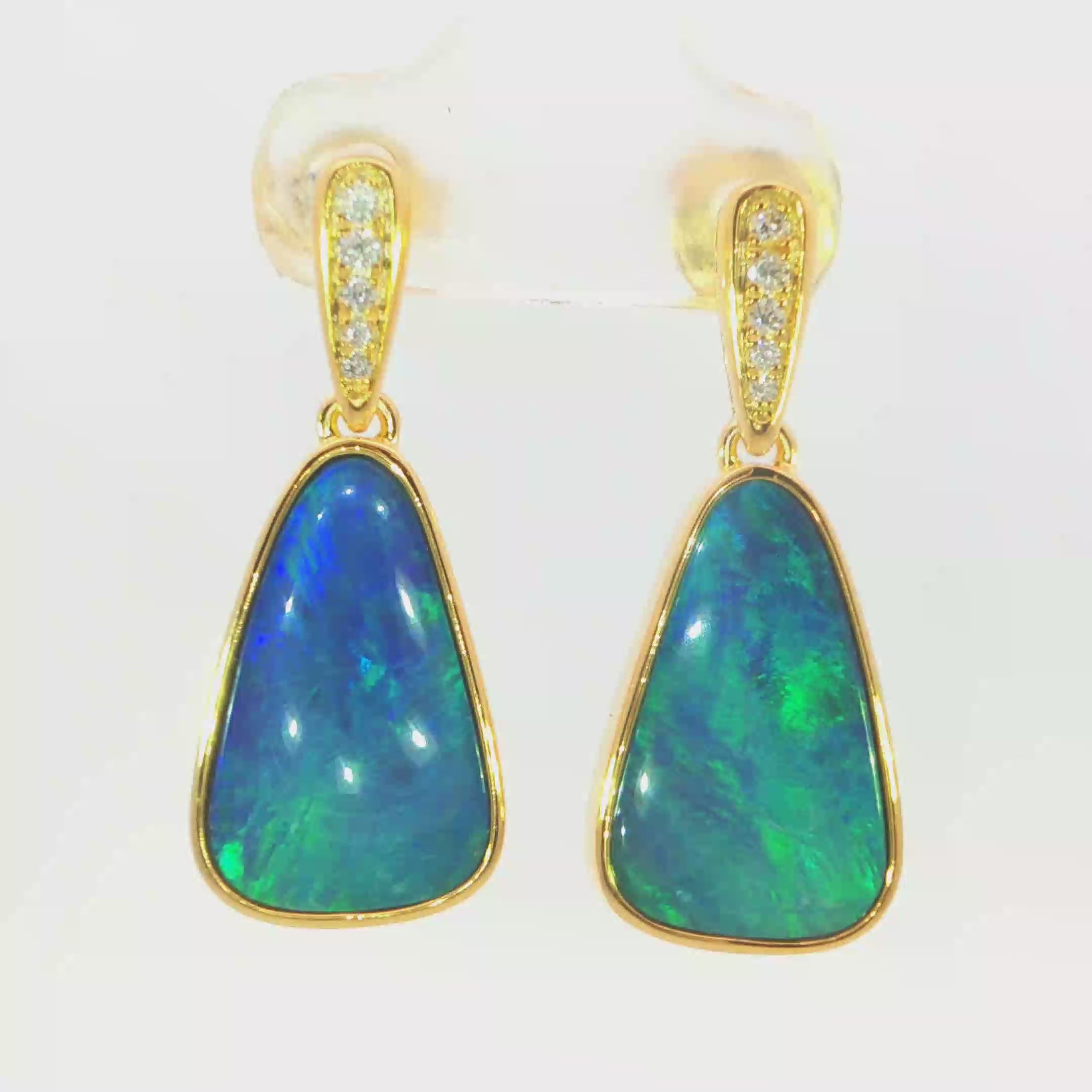 Australian Doublet Opal Earrings Blue Green 925 Gold Plated with Cubic Zirconia Drop Earrings\