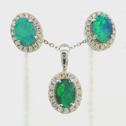 Doublet Opal Pendant and Earrings Combo Set in 925 Sterling Silver - Green and Blue