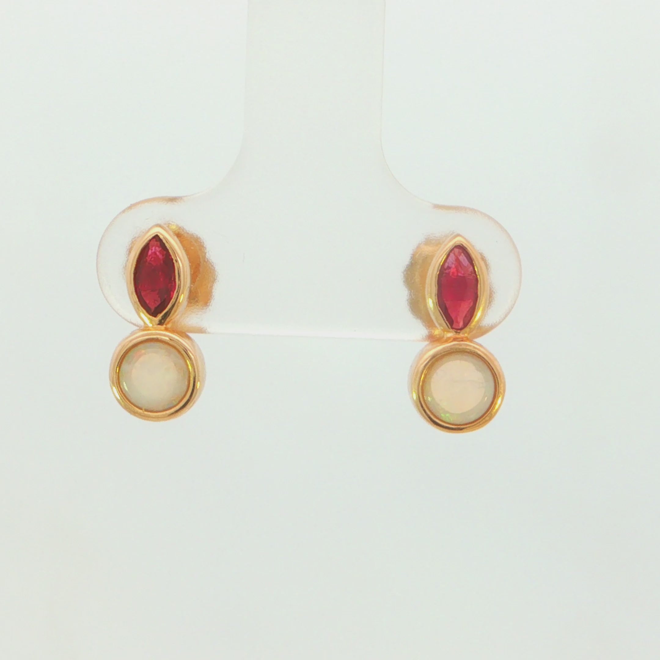 Australian Light Opal Earrings in 14K Yellow Gold with Ruby - Multicolour