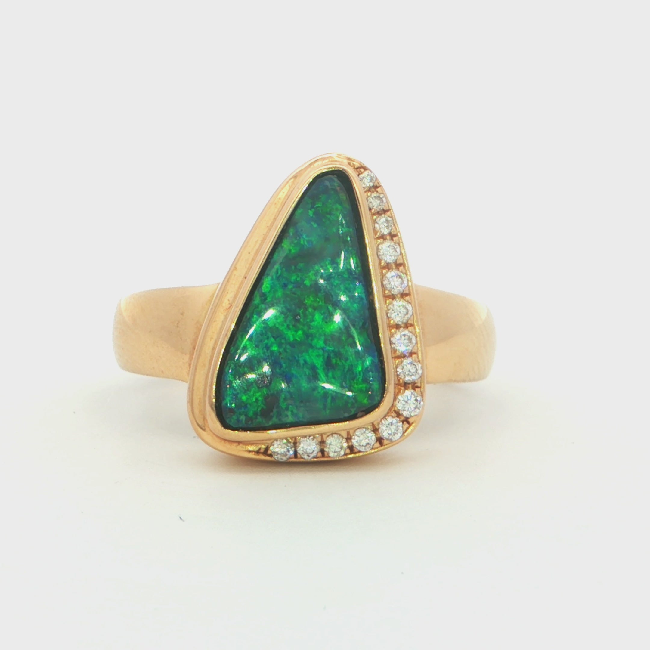 Boulder Opal Ring set in 14K Yellow Gold - Green and Blue
