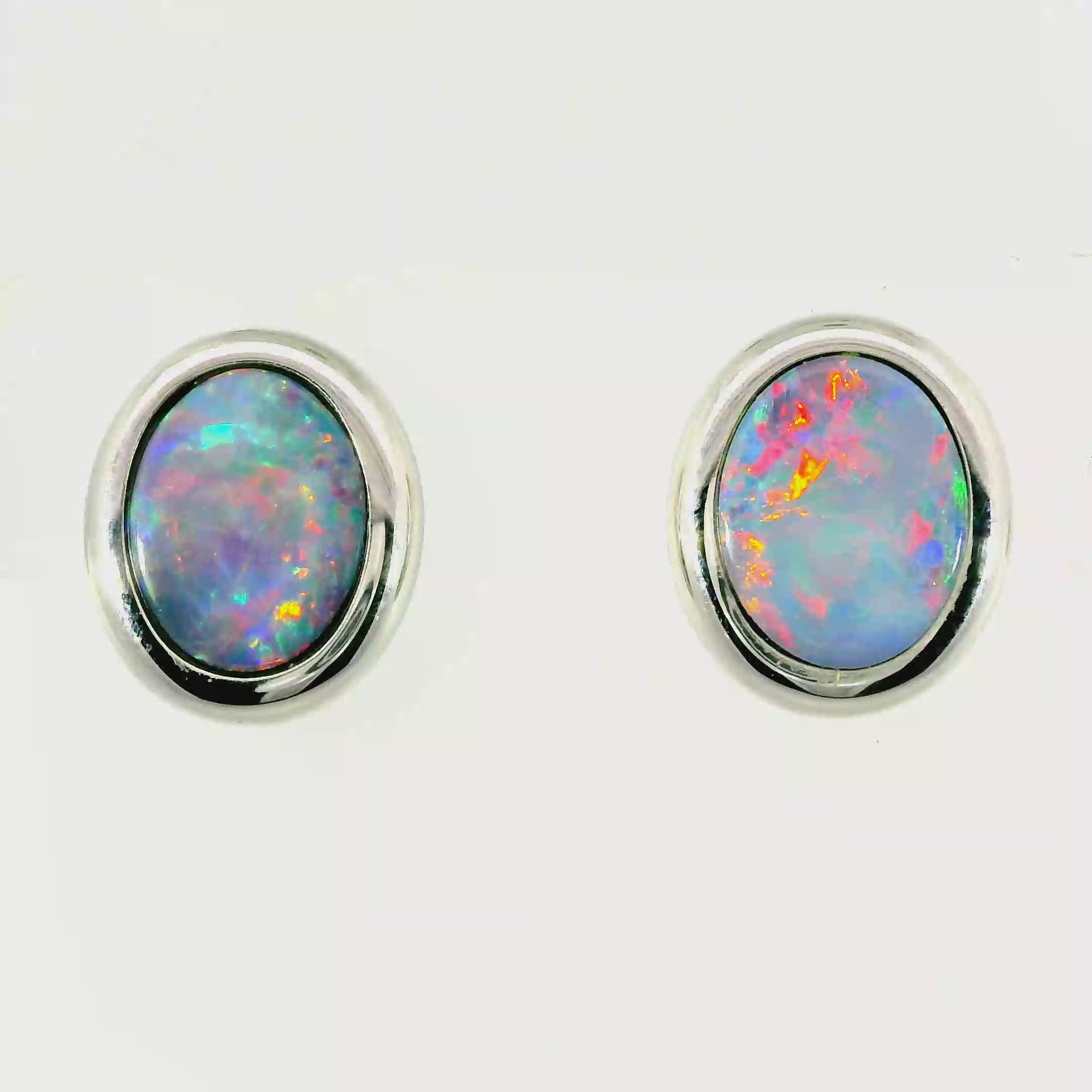 Doublet Opal Earrings in 14K White Gold (Multicolour)