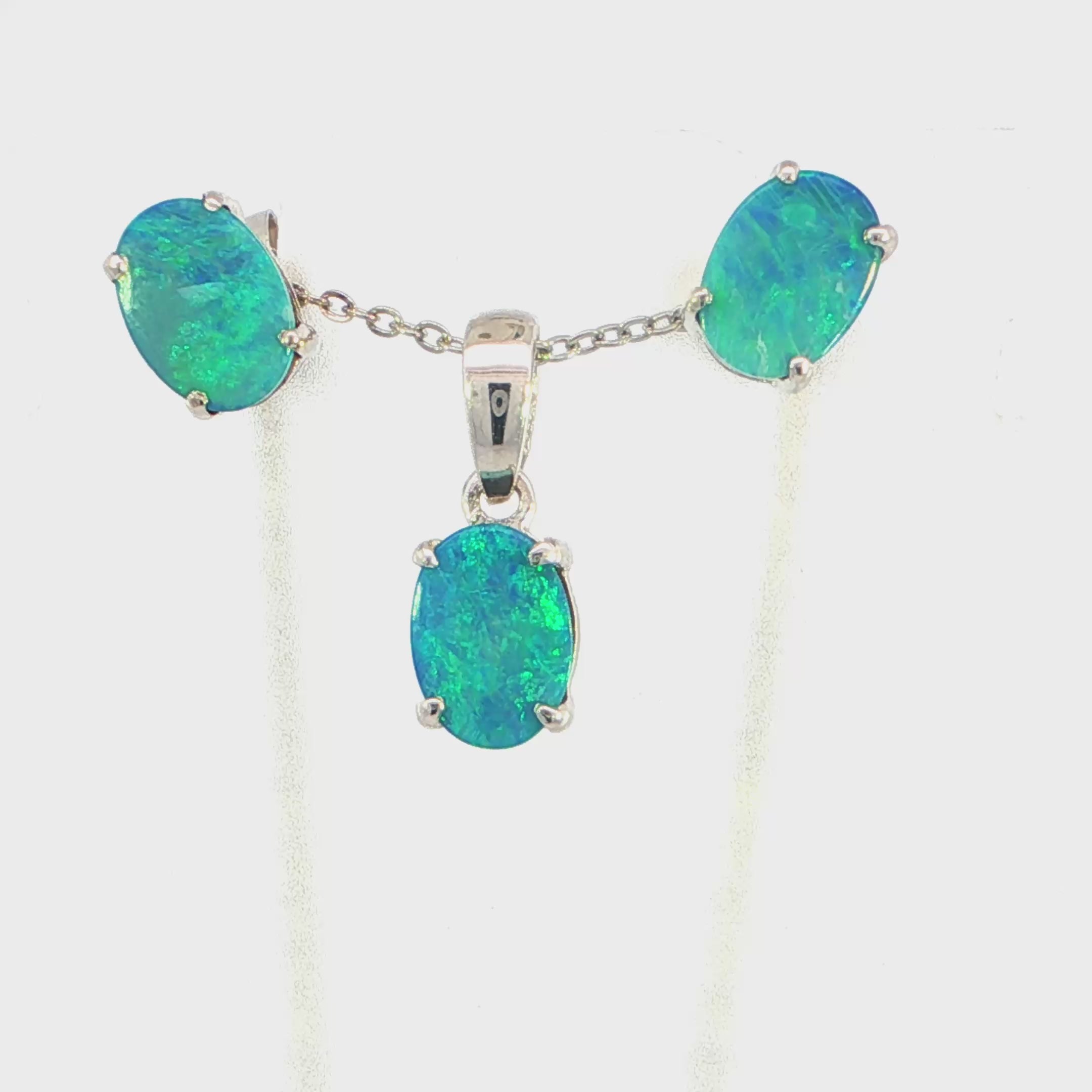 Doublet Opal Pendant and Earrings Combo Set in 925 Sterling Silver - Green and Blue