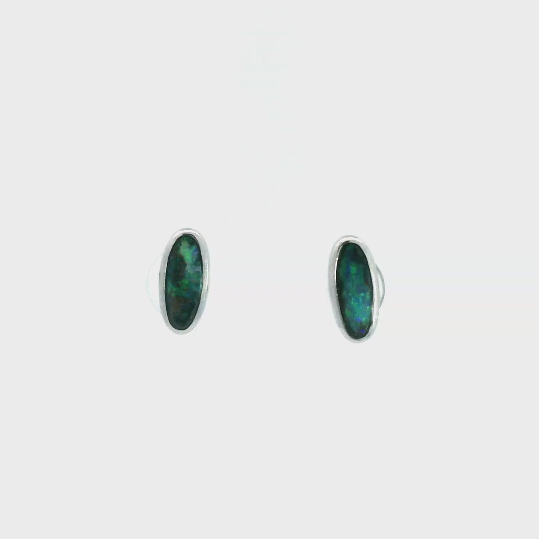 Boulder Opal Earrings in 14K White Gold - Green-Blue