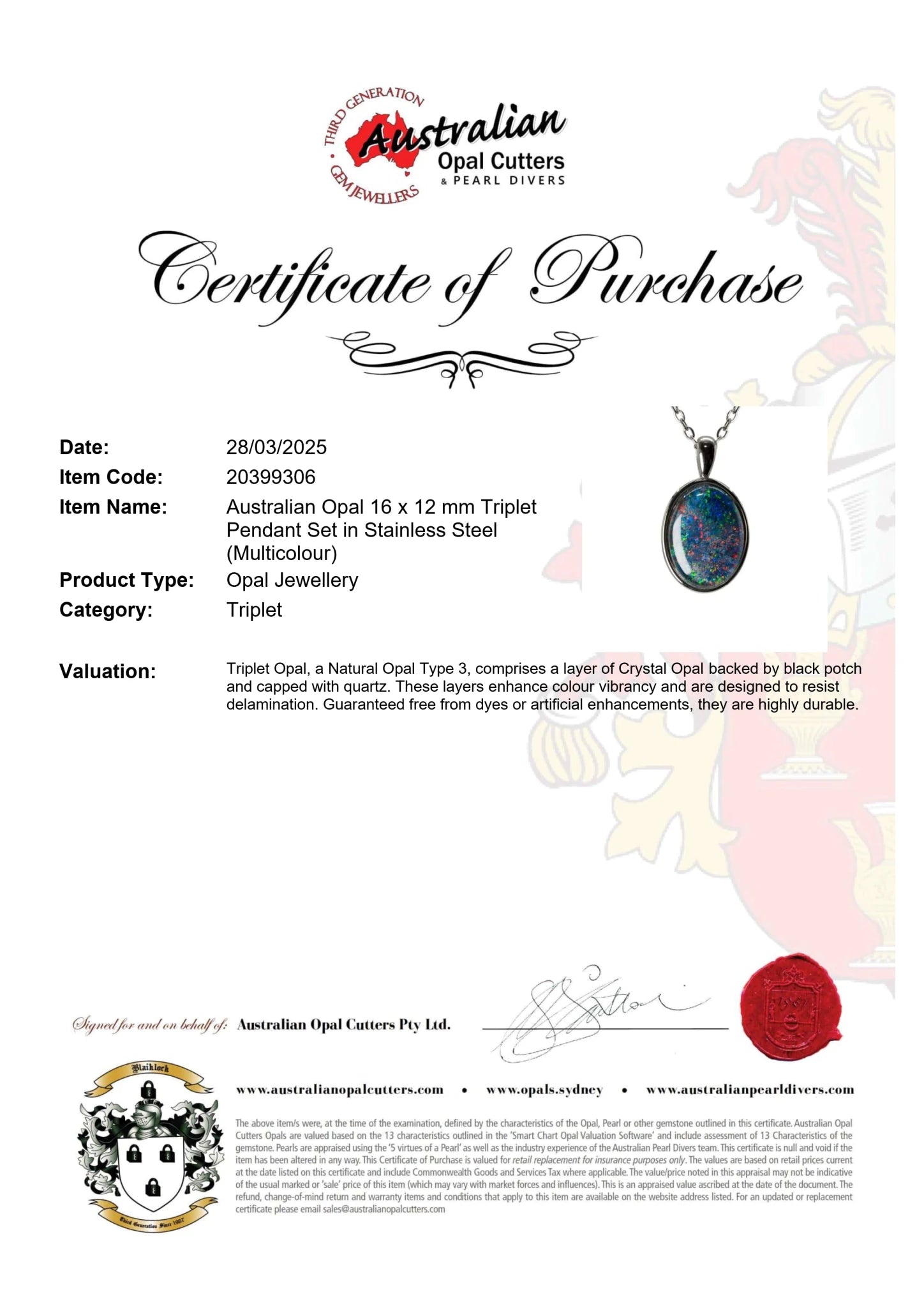 Triplet Opal Pendant in Stainless Steel - Multicolour - Australian Opal Cutters and Pearl Divers