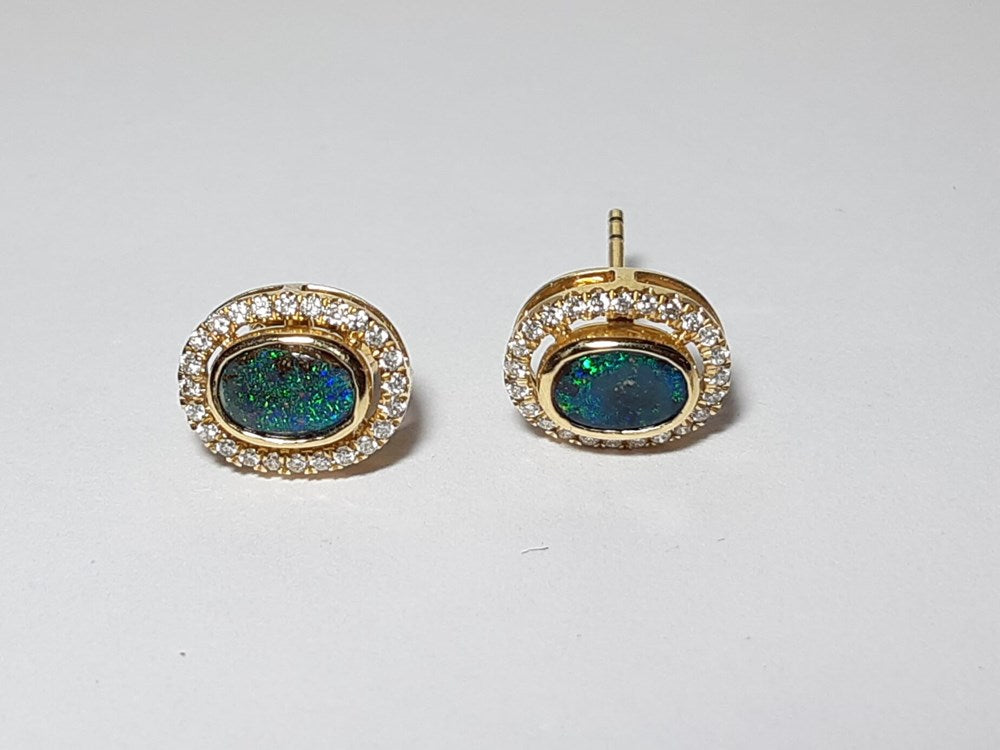 Australian Boulder Opal Earrings set in 14 Karat Yellow Gold with 48 Diamonds TW 0.2ct