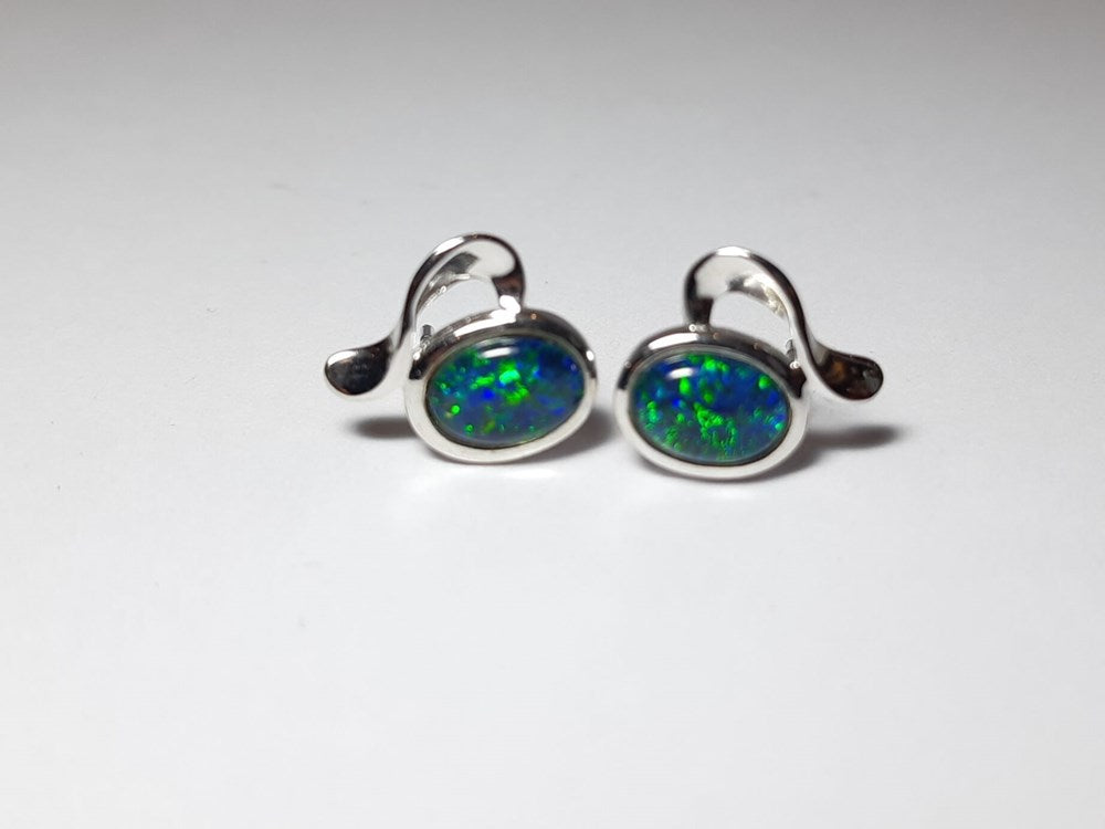 Australian Opal Triplet 7 x 5mm Earrings set in 925 Sterling Silver