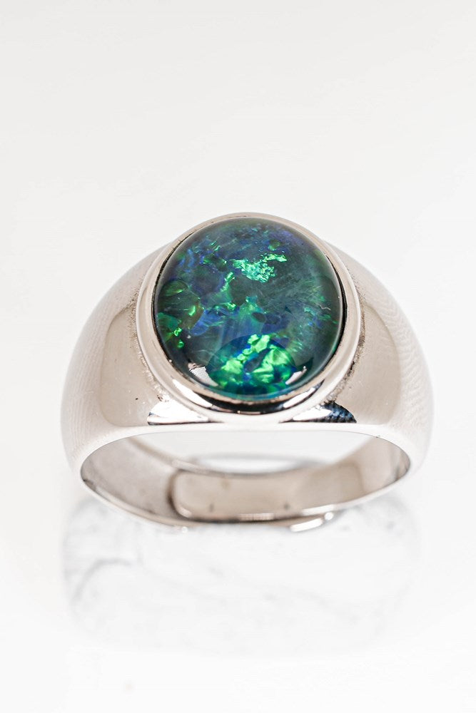 Australian Opal Cutters Triplet Opal Ring set in Stainless Steel 12x10 mm, Self-Sizing Ring.