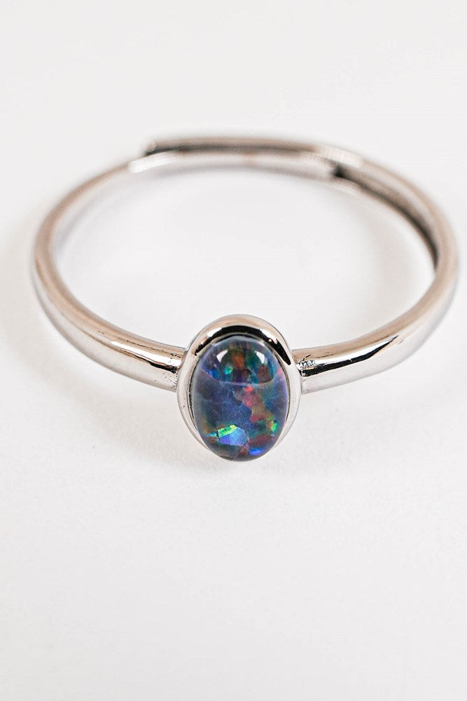 Australian Triplet Opal Ring, 6 x 4 mm Ring set in Stainless Steel  ( Self-Sizing Ring) _