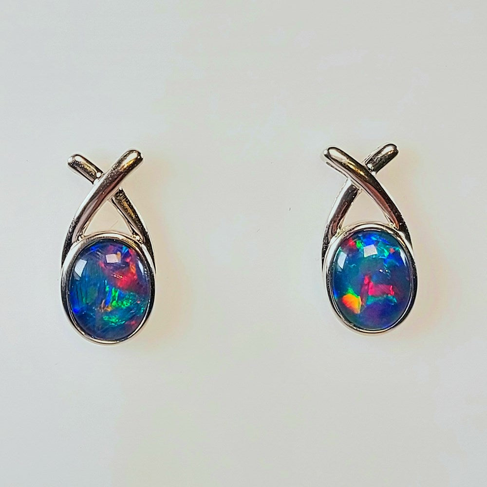 Australian Triplet Opal 6 x 5 mm Earrings set in Sterling Silver