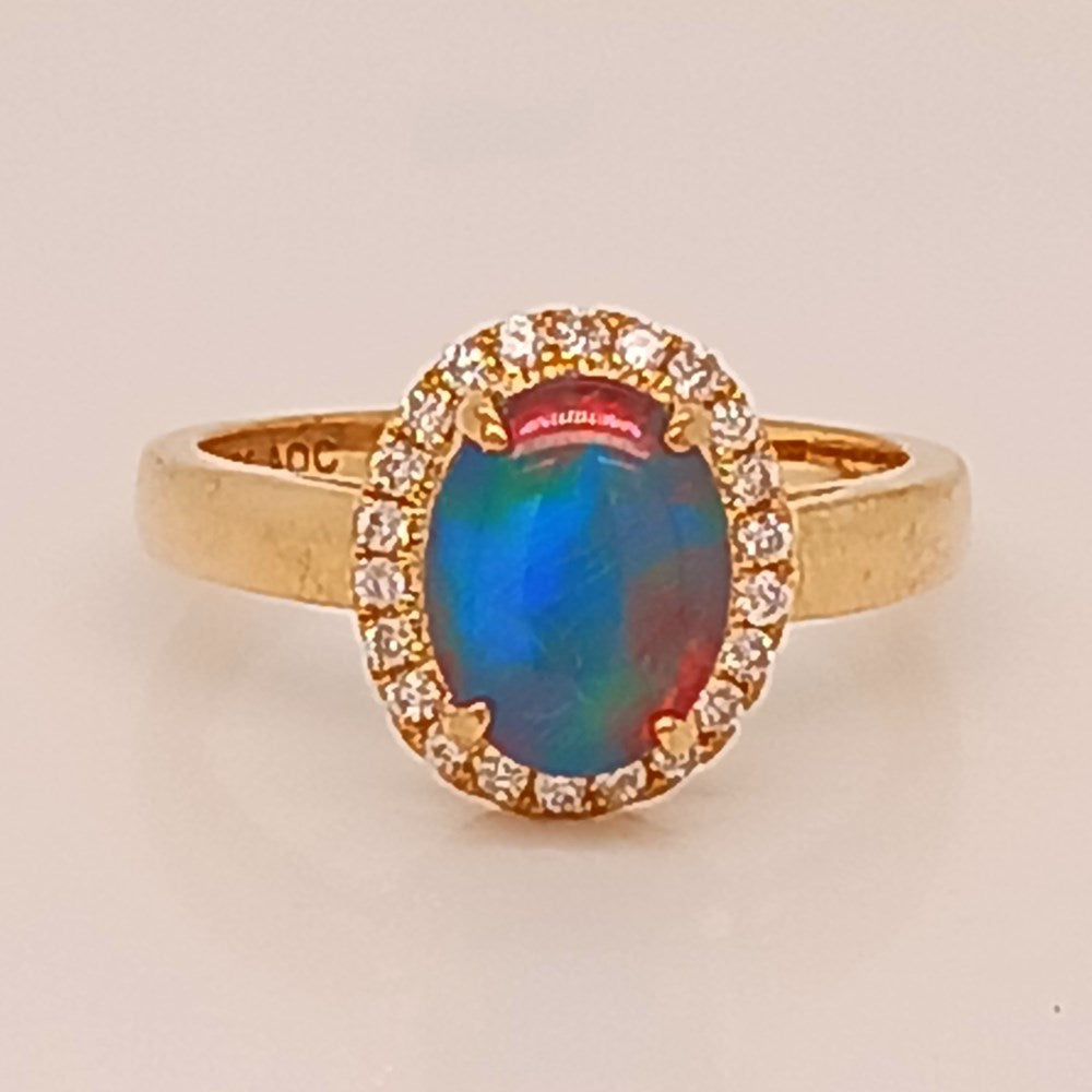 Australian Triplet Opal Ring set in 9 Karat Yellow Gold  with 22 Diamonds