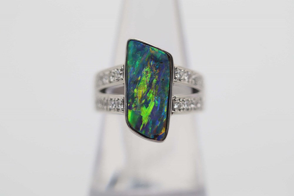 Australian Multi-Color Boulder Opal 4Cts set in a 900 Platinum Ring with 16 x Diamonds 0.33