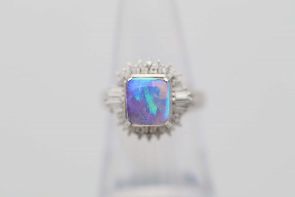Australian Boulder Opal 3.38cts Ring with 38 Diamonds Set in Platinum 900, Colours of the Beach