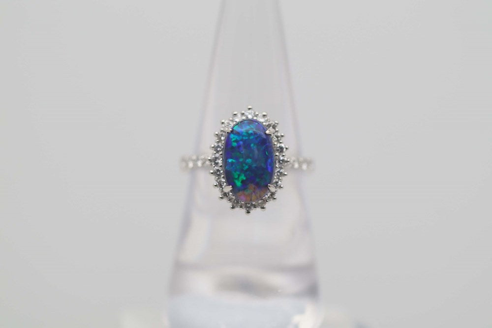 Australian Black Opal 2.85cts set in a 900 Platinum Ring with 28 Diamonds 0.54Ct each